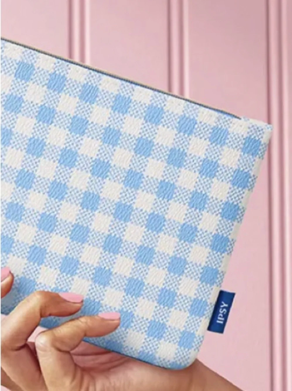 Ipsy Blue Gingham Faux Leather Glam Bag Wristlet